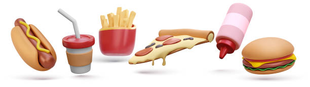 satz von 3d-realistischen render-fast-food-elementen icon-set. pizzastück, burger, pommes frites, kaffeetasse, hot dog, ketchupflasche isoliert auf weißem hintergrund. vektor-illustration - hamburger schnellgericht stock-grafiken, -clipart, -cartoons und -symbole