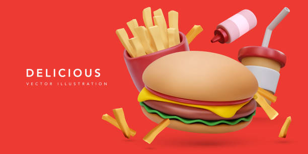 istock Banner with 3d realistic render burger and coffee cup, fries potatoes, ketchup isolated on red background. Vector illustration 1476162691