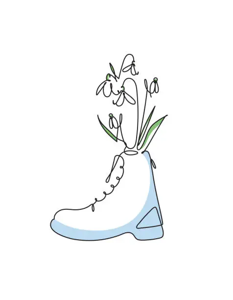 Vector illustration of Сontinuous line drawing of snowdrops in a boot. Spring concert