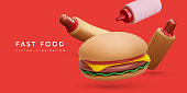 istock 3d realistic hot dogs and hamburger isolated on red background. Vector illustration 1476163831
