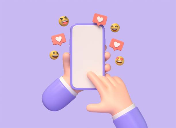 istock 3d cartoon character hand holding a mobile phone. heart notification icons on speech bubble. the concept of communication in social networks. illustration on purple background. 3d rendering 1476164319