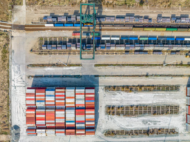 istock Aerial view of containers stacked at international container cargo terminal 1476169524