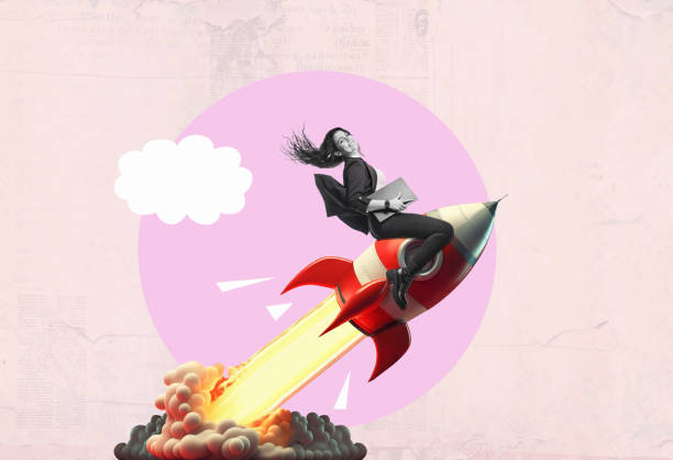 art collage.  launch of a red rocket with a smiling business woman. successful start up concept. - toy spaceship inspiration ideas imagens e fotografias de stock