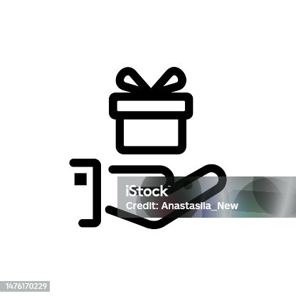 istock Give gift black line icon. Man holds gift box with a red ribbon in hands 1476170229