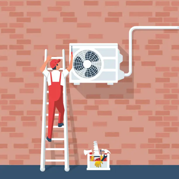 Vector illustration of Installation of air conditioner. Repairman character installing home cold ventilation.