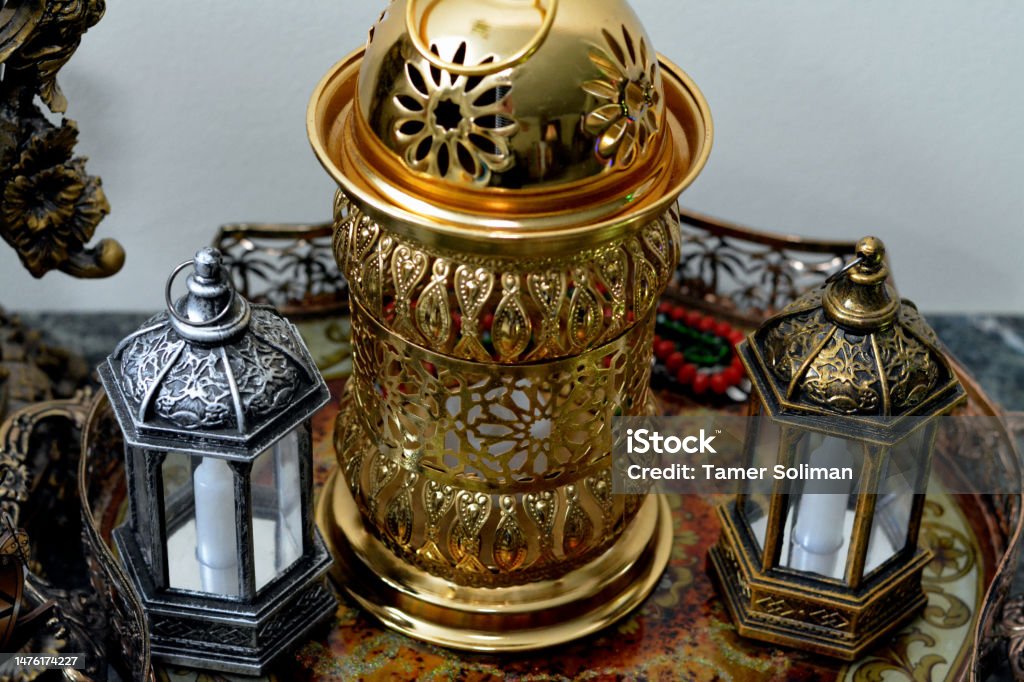 Ramadan Lantern lamp or Fanous Ramadan as a festive celebration of the Islamic fasting days in Arabian Islamic countries, religion holy fast days among Muslims, selective focus of Ramadan fanos Ramadan Lantern lamp or Fanous Ramadan as a festive celebration of the Islamic fasting days in Arabian Islamic countries, religion holy fast days among Muslims, selective focus of Ramadan fanos, selective focus Kuwait Stock Photo