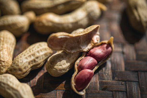 Cooked peanuts in a bamboo basket