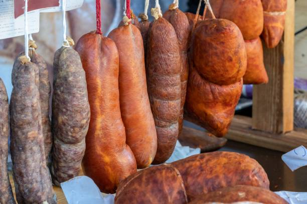 istock A vibrant market stall displaying an array of fresh meat, including salami, sobrasada and sausages for healthy fast food options. 1476176651