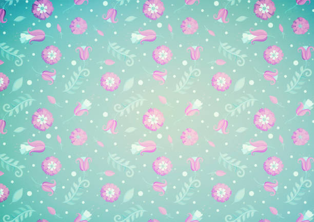 istock Bright background with pink flowers on a green background. Floral ornament. Raster illustration for package design, postcard, wrapper and scrapbooking. 1476176748