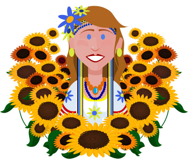 Ukrainian woman in traditional costumes in the middle of a field of sunflowers Ukrainian woman in traditional costumes in the middle of a field of sunflowers melitopol stock illustrations