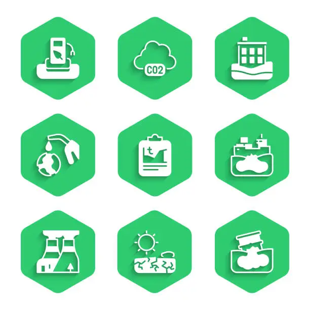 Vector illustration of Set Global warming, Drought, Barrel oil leak, Wrecked tanker ship, Nuclear power plant, Gas pump nozzle and globe, House flood and Petrol or gas station icon. Vector