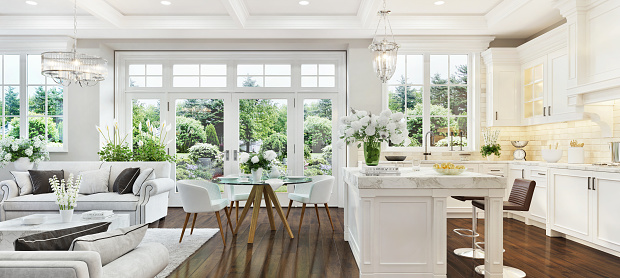 Luxurious white kitchen and living room in a beautiful home