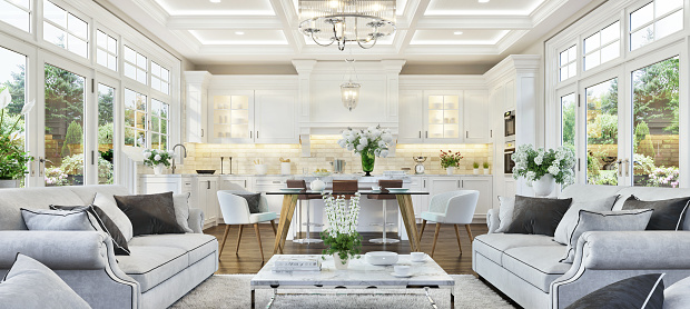 Luxurious white kitchen and living room in a beautiful home