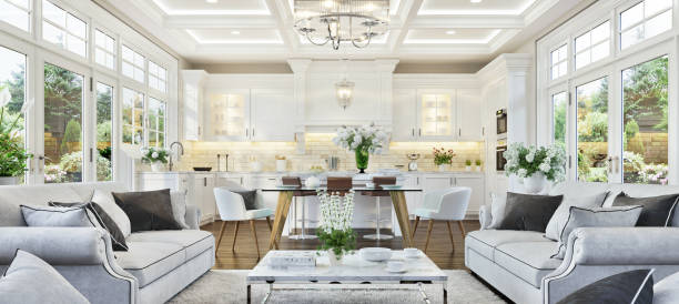 Luxury kitchen and living room stock photo