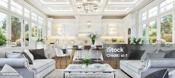 Luxury Kitchen And Living Room Stock Photo - Download Image Now - Luxury, Home Interior, Kitchen