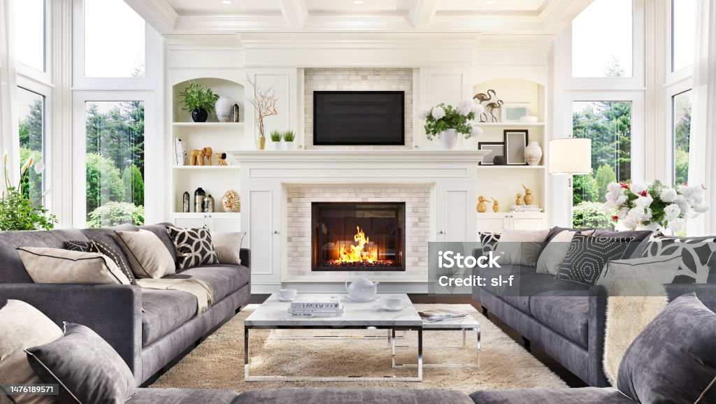 Living room with fireplace Beautiful living room with fireplace in luxury home Living Room Stock Photo