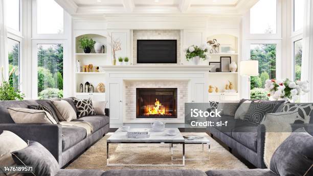 Living Room With Fireplace Stock Photo - Download Image Now - Living Room, Fireplace, Luxury