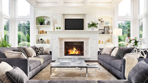 living room with fireplace - şömine stok fotoğraflar ve resimler
