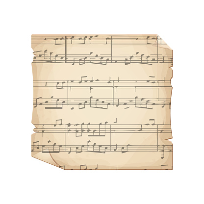 Parchment piece of paper with old music melody, song scrapbook sheet isolated on white background, design element, frame. Vector illustration