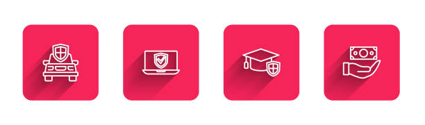 ilustrações de stock, clip art, desenhos animados e ícones de set line car insurance, insurance online, graduation cap with shield and money with long shadow. red square button. vector - university graduation car student