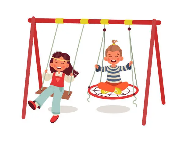 Vector illustration of Children Riding On A Swing