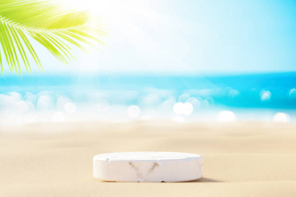 istock 3d podium with copy space for product display presentation on palm beach abstract background. Tropical summer and vacation concept. Graphic art design. 1476196034