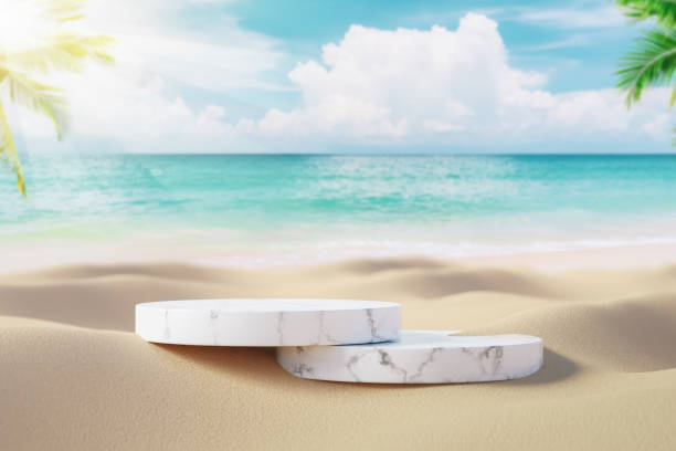 istock 3d podium with copy space for product display presentation on palm beach abstract background. Tropical summer and vacation concept. Graphic art design. 1476196082