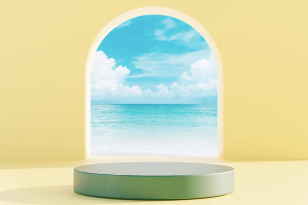 istock 3D podium with copy space for product display presentation on beach with blue sky and white clouds abstract background. Tropical summer and vacation concept. Graphic rendering illustration design. 1476196263