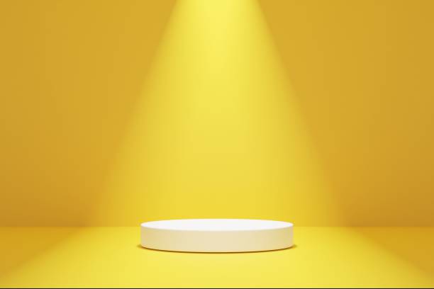 istock Podium on yellow abstract background. 3D render graphic design. 1476196287