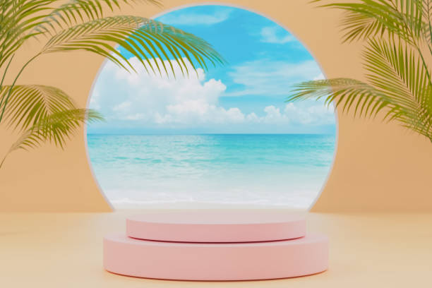 istock 3d podium with copy space for product display presentation on palm beach abstract background. Tropical summer and vacation concept. Graphic art design. 1476196339