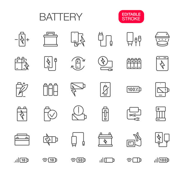 Battery Charger Line Icons Set Editable stroke Battery, Charging, Energy, Power Line Icons Set Editable stroke. Vector illustration. phone charging station icon stock illustrations