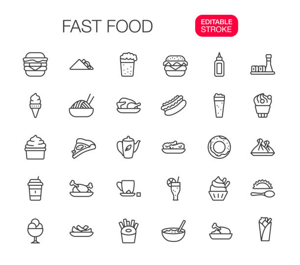 Fast Food Thin Line Icons Set Editable stroke Fast Food thin line icons set. Editable stroke. Vector illustration. giant donut stock illustrations
