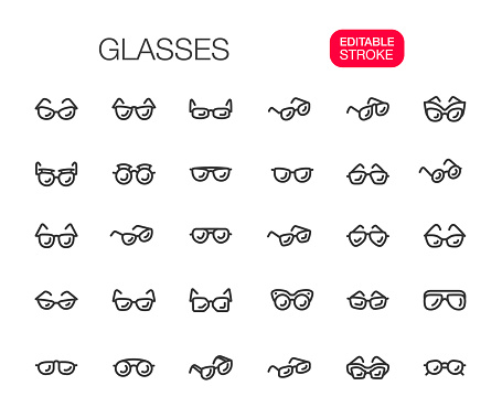 Eyeglasses thin line icons set. Editable stroke. Vector illustration.