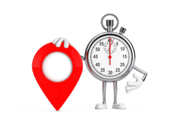 Modern Stopwatch Cartoon Person Character Mascot with Red Target Map Pointer Pin on a white background. 3d Rendering