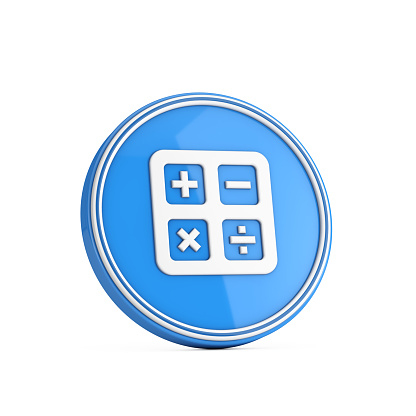 White Calculator Icon in Blue Circle Button on a white background. 3d Rendering
