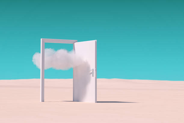 nube blanca mosca a través de la puerta blanca abierta en el desierto. renderizado 3d - bizarre landscape sand blowing fotografías e imágenes de stock