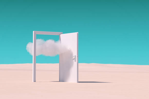 白い雲のフライスルーシュホワイトが砂漠の扉を開けた。3dレンダリング - bizarre landscape sand blowing ストックフォトと画像