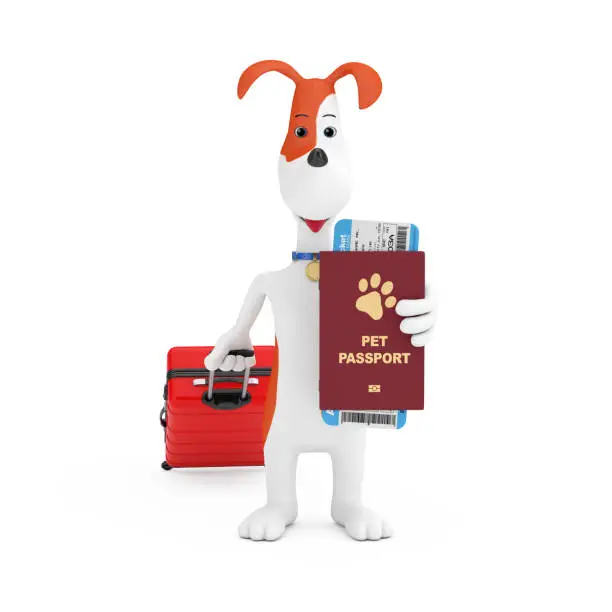 Photo of Cartoon Cute Dog with Red Suitcase Holding Red Pet Passport Document with Airlines Boarding Pass Ticket. 3d Rendering