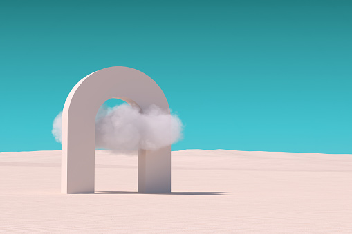 White Cloud Fly Throuch Simple Arc in Desert on a blue sky background. 3d Rendering