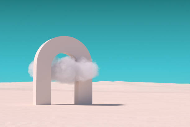 White Cloud Fly Throuch Simple Arc in Desert. 3d Rendering stock photo