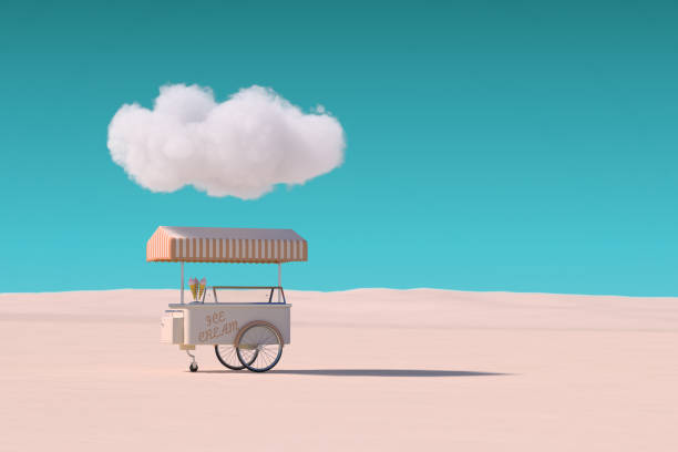 Ice Ceam Cart Trolley under Cloud in Desert. 3d Rendering