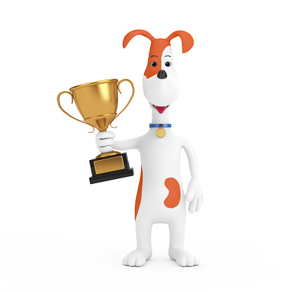 Cartoon Cute Dog Holding Golden Award Trophy on a white background. 3d Rendering