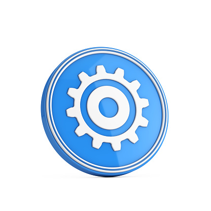 White Cog Wheel Gear Icon in Blue Circle Button on a white background. 3d Rendering
