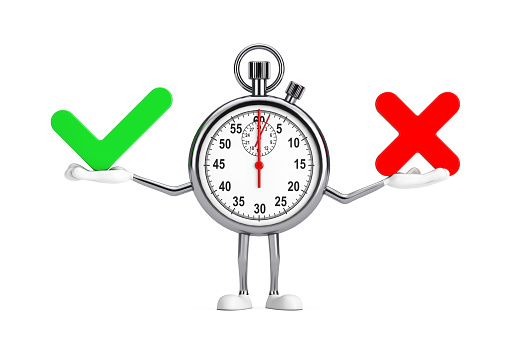Modern Stopwatch Cartoon Person Character Mascot with Red Cross and Green Check Mark, Confirm or Deny, Yes or No Icon Sign on a white background. 3d Rendering