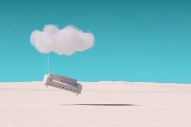 istock Sofa Hanging to the Clouds and Fly in Desert. 3d Rendering 1476199205