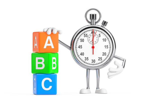 modern stopwatch cartoon person character mascot with alphabet abc education cubes. 3d rendering - letter m alphabet three dimensional shape render imagens e fotografias de stock