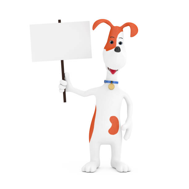 Cartoon Cute Dog Holding White Blank Protest Ad Banner Placard Mockup on a white background. 3d Rendering