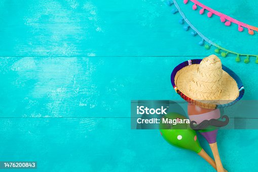 istock Cinco de Mayo holiday creative greeting card with maracas and mexican sombrero hat on blue wooden background. Top view, flat lay 1476200843