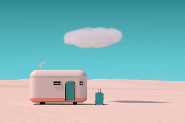 istock Retro Turist Camp Trailer with Suitcase in Desert with Cloud. 3d Rendering 1476200930