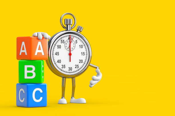 modern stopwatch cartoon person character mascot with alphabet abc education cubes. 3d rendering - letter m alphabet three dimensional shape metal imagens e fotografias de stock